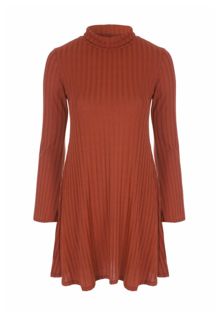 Womens Rust Ribbed Turtle Neck Dress