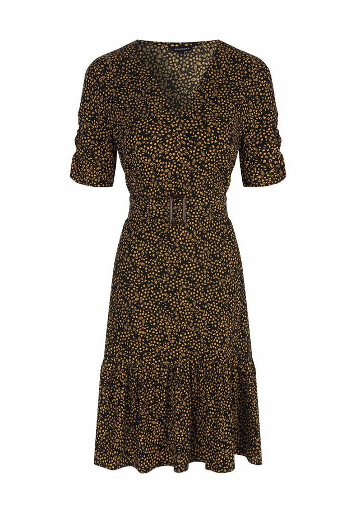 Womens Mustard Floral Belted Dress