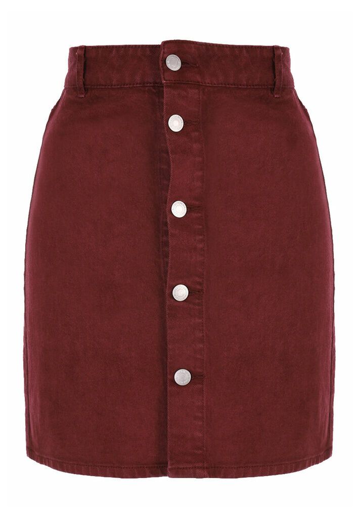 Womens Burgundy Button Through Denim Skirt