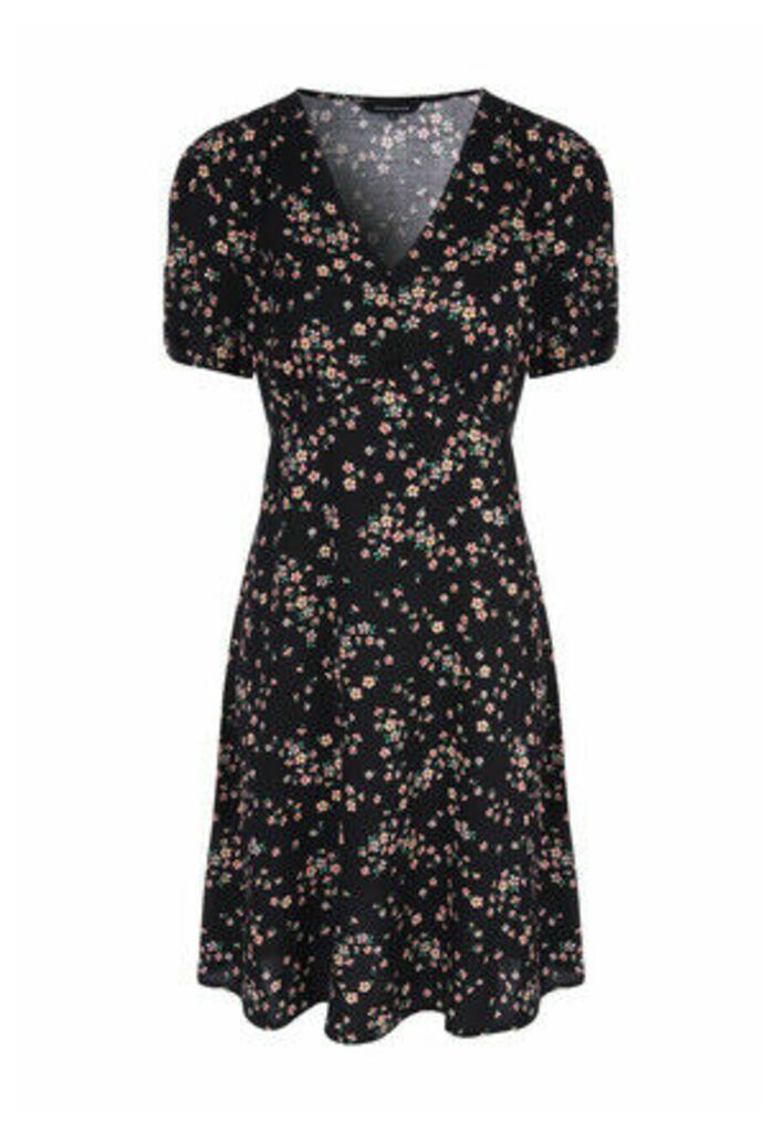 Womens Black Ditsy Floral Ruched Dress