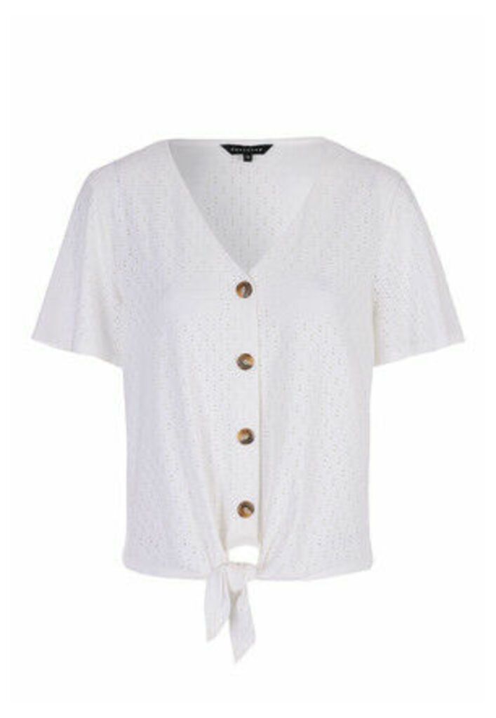Womens Ivory Broderie Tie Front Button Top