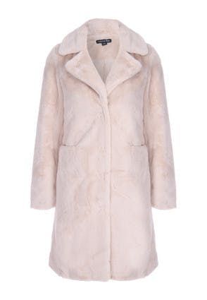 Womens Cream Mid Length Faux Fur Coat