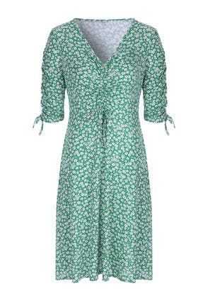 Womens Green Floral Double Ruched Dress