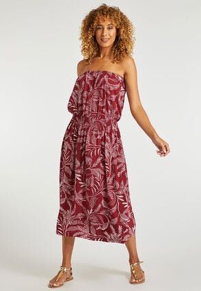 Womens Rust Leaf Print Strapless Dress