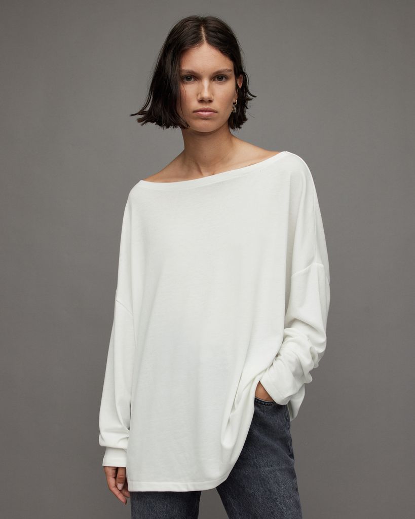 AllSaints Women's Rita Loose and Oversized Supersoft Dropped Shoulder Long Sleeve Top, White, Size: S