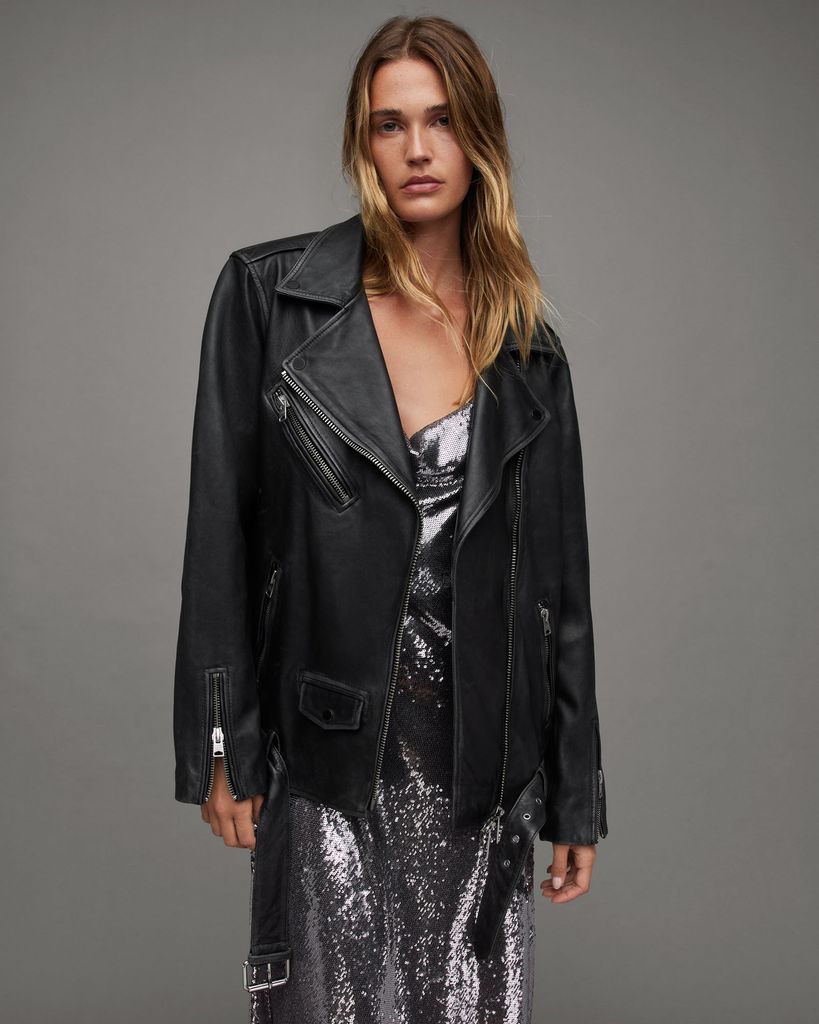 AllSaints Women's Leather Classic Billie Oversized Biker Jacket, Black, Size: XS