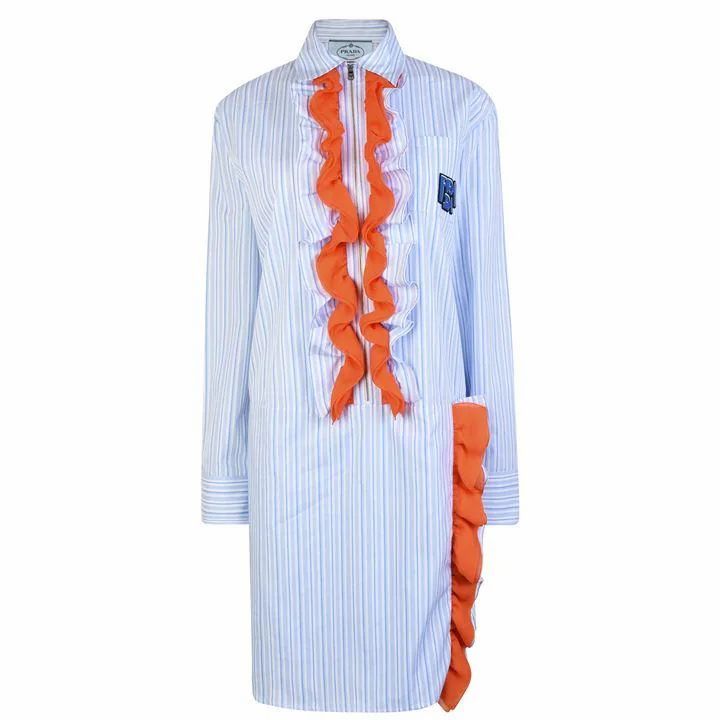 PRADA Chiffon Ruffled Cotton Dress - Blue/Orange