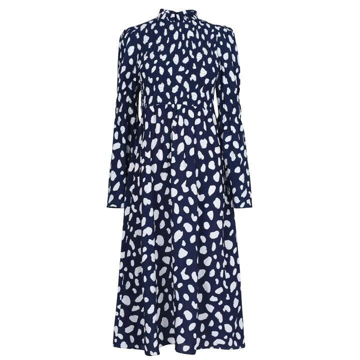KITRI Juliette Navy Spot Shirred Dress - Blue