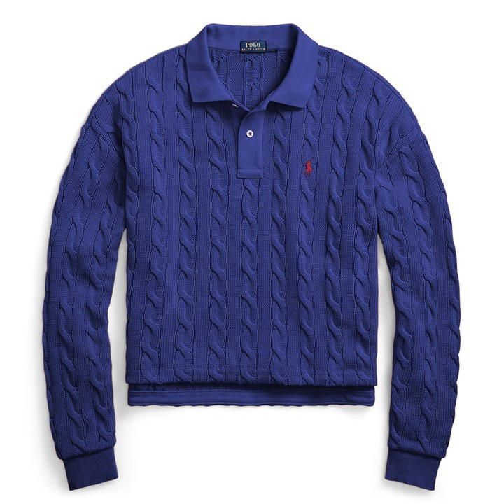 Cable Knit Polo Jumper - Blue