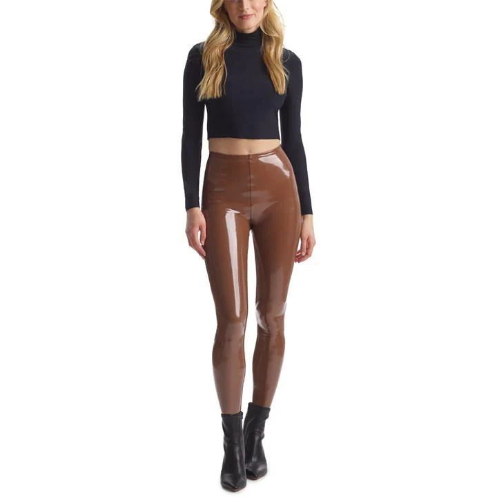 Faux Leather Patent Leggings - Brown