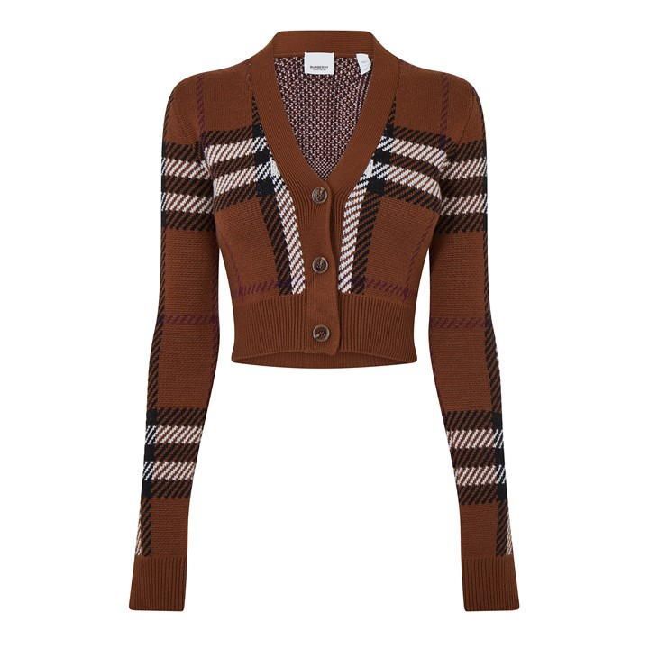 Check Wool Jacquard Cropped Cardigan - Brown