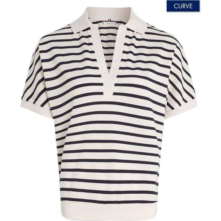 Curve Stripe Relaxed Fit Polo Shirt - White