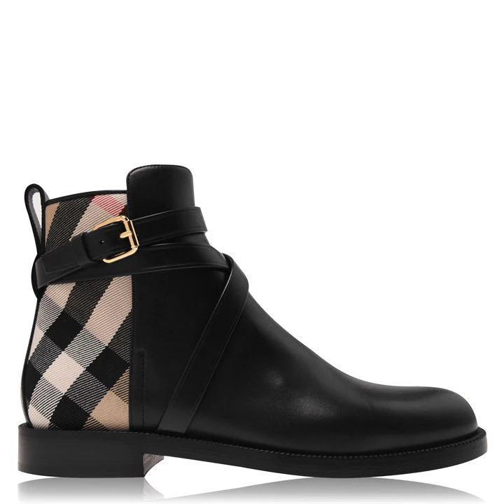 House Check And Leather Ankle Boots - Black