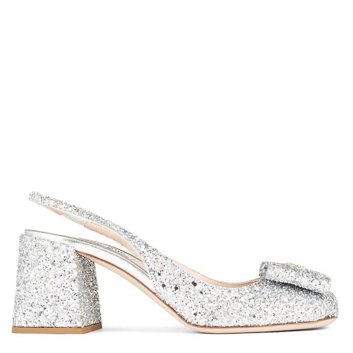 Glitter Sling Back Heeled Sandals - Silver