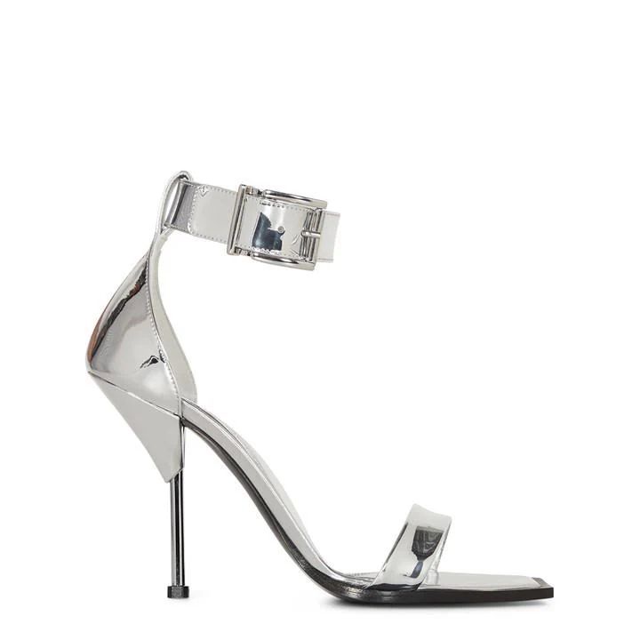 Square Leather Buckle Sandals - Silver