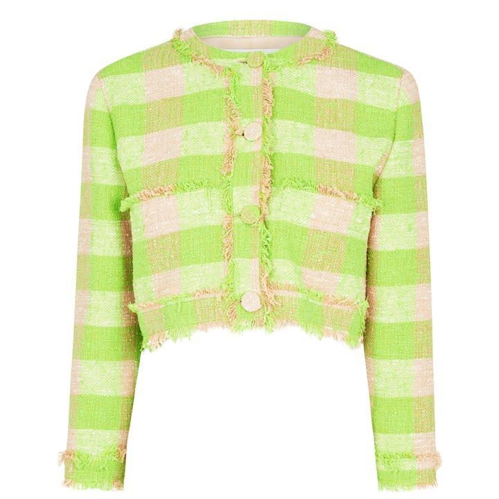 Cropped Gingham Tweed Jacket - Green