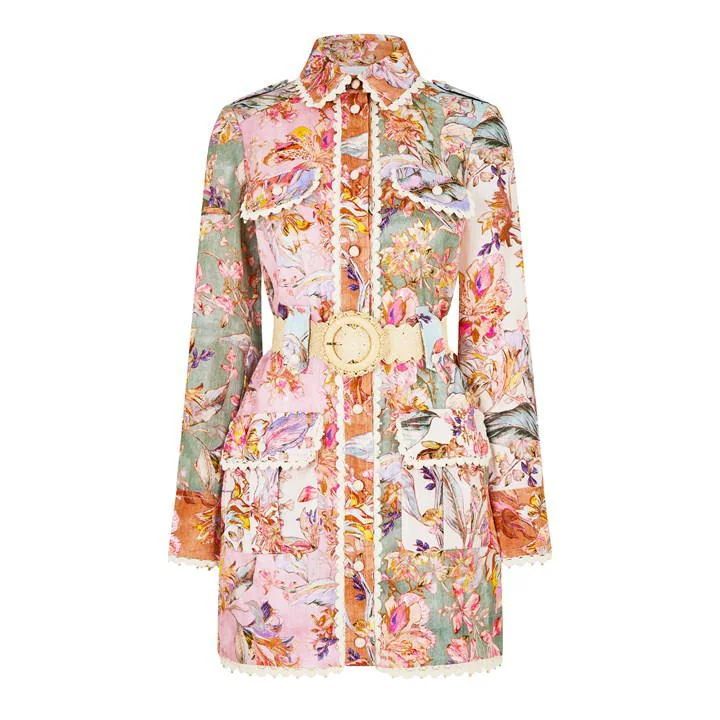 Belted Floral Linen Dress - Multi