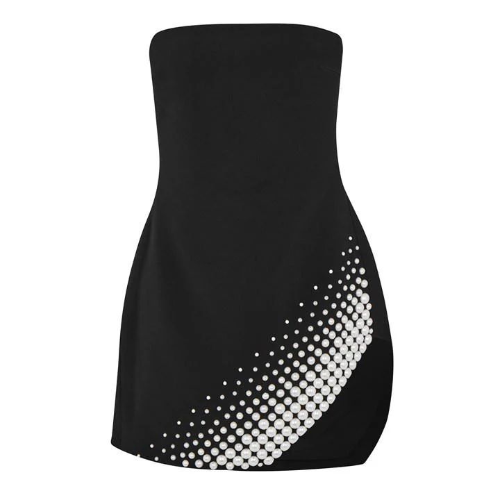 Asymmetric Pearl Mini Dress - Black