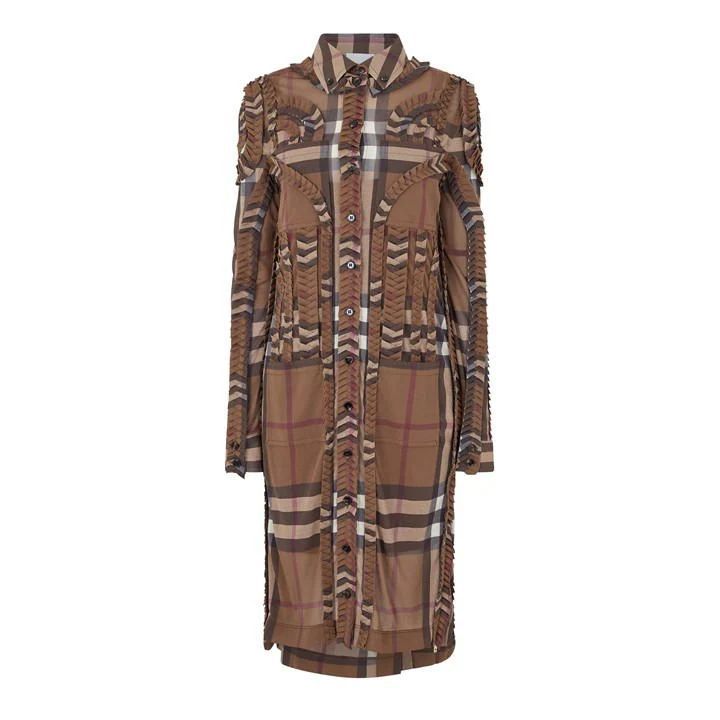 Pleated Check Shirt Dress - Brown