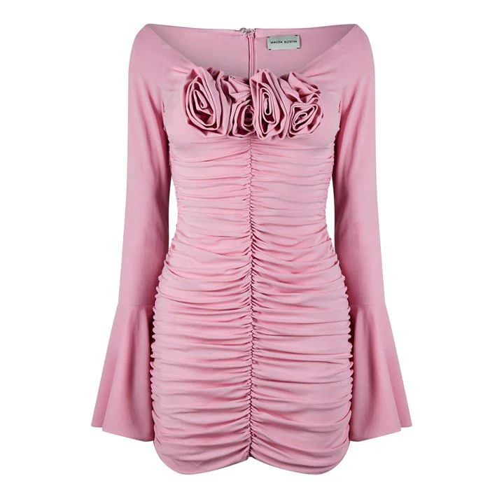 Rose Appliquéd Ruched Mini Dress - Pink