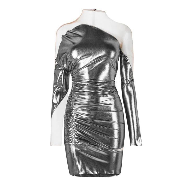 Metallic Illusion Mini Dress - Silver