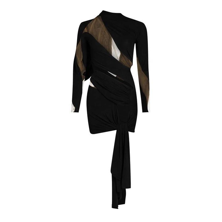 Sheer Spiral Mini Dress - Black