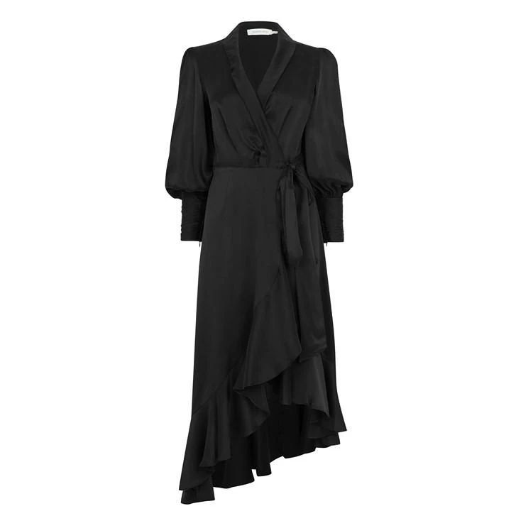 Silk Wrap Midi Dress - Black