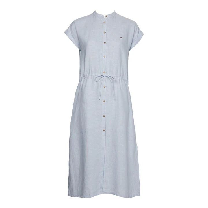 Linen Midi Shirt Dress Ss - Blue