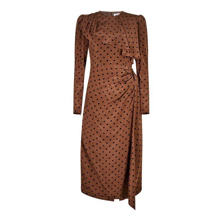 Polka Dot Draped Dress - Brown