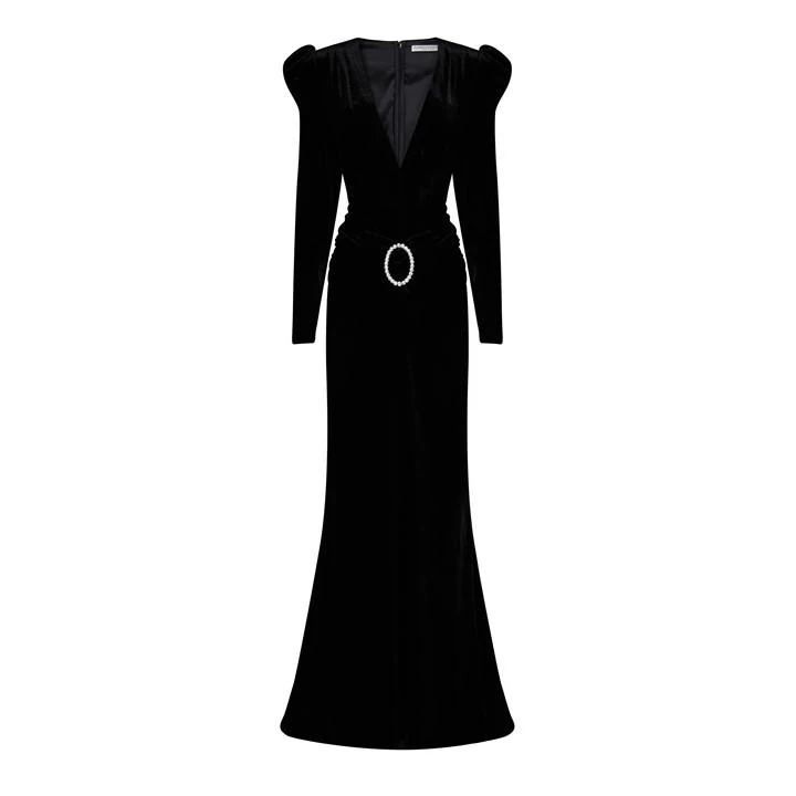 V-Neck Velvet Gown - Black