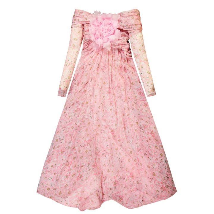 Off The Shoulder Silk Georgette Maxi Dress - Pink