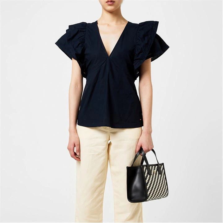 Co Sateen Frill Blouse Slvls - Blue