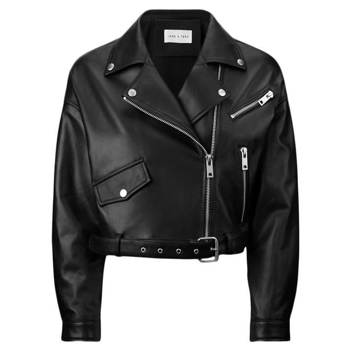 Leather Cropped Biker Jacket - Black