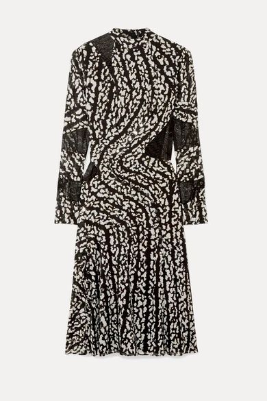 - Studded Lace-paneled Printed Silk-blend Chiffon Midi Dress - Black