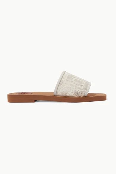 Woody Leather-trimmed Logo-embroidered Lace Slides - Ivory