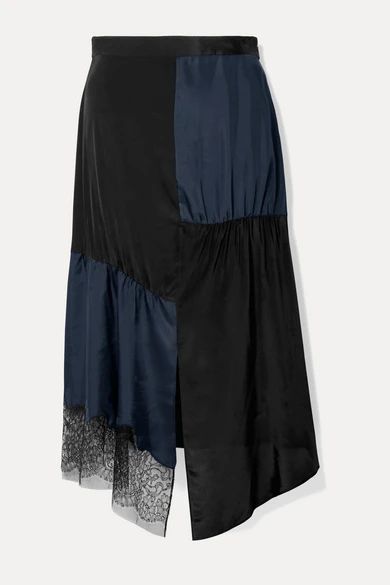 - Paneled Lace-trimmed Satin-twill And Crepe De Chine Midi Skirt - Midnight blue