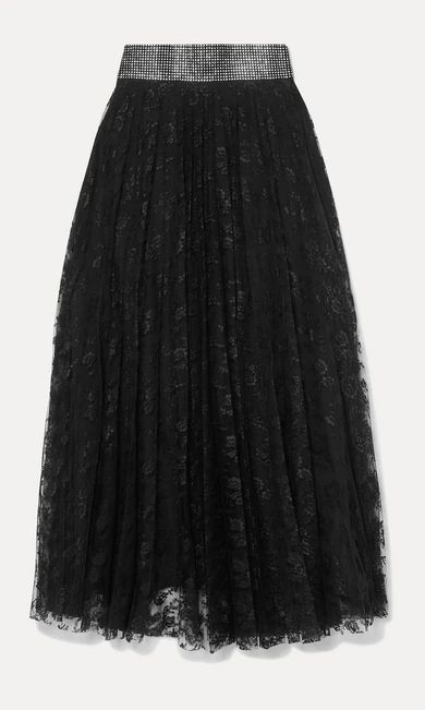 - Crystal-embellished Pleated Lace Midi Skirt - Black