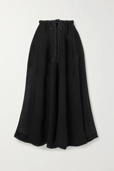 - + Net Sustain Yasmin Belted Organic Linen-blend Gauze Midi Skirt - Black