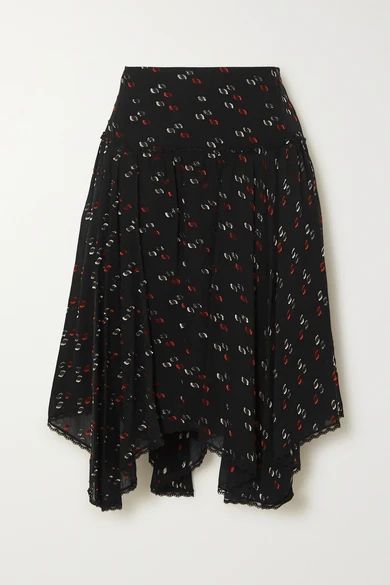 - Asymmetric Lace-trimmed Metallic Fil Coupé Chiffon Skirt - Black