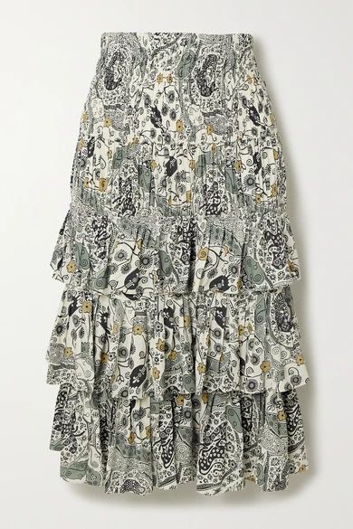 - Cencia Shirred Tiered Floral-print Crepe Midi Skirt - Ecru