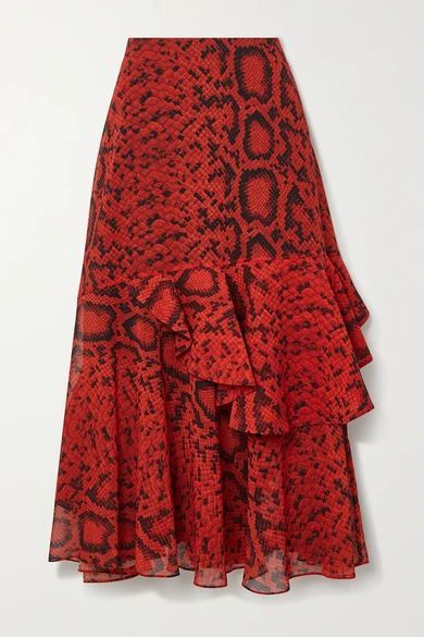 - Delaney Ruffled Snake-print Devoré Georgette Midi Skirt - Red