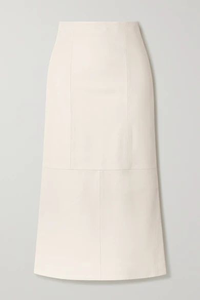- Paneled Leather Midi Skirt - Beige