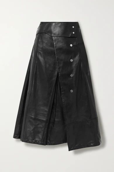 - Button-detailed Pleated Leather Wrap Skirt - Black