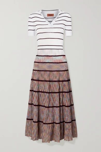 - Striped Crochet-knit Silk-blend Midi Dress - White