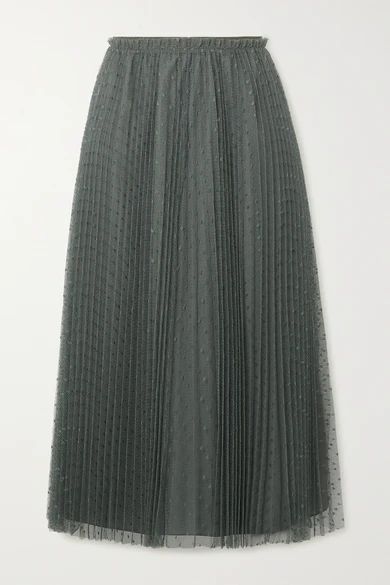 - Pleated Swiss-dot Tulle Midi Skirt - Army green