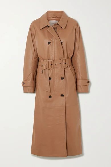 - Belted Double-breasted Leather Trench Coat - Camel