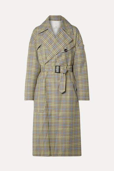 - Belted Checked Woven Trench Coat - Green