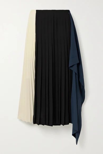 - Draped Pleated Color-block Crepe Midi Skirt - Black