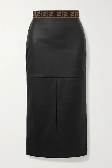 - Jacquard-trimmed Leather Midi Skirt - Black