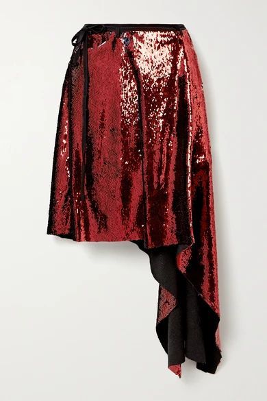 - Asymmetric Sequined Crepe De Chine Wrap Skirt - Red